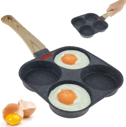 4-Hole Non-Stick Egg Frying Pan – Multi-Section Omelette & Pancake Pan with Wooden Handle | Easy-Clean Breakfast Skillet