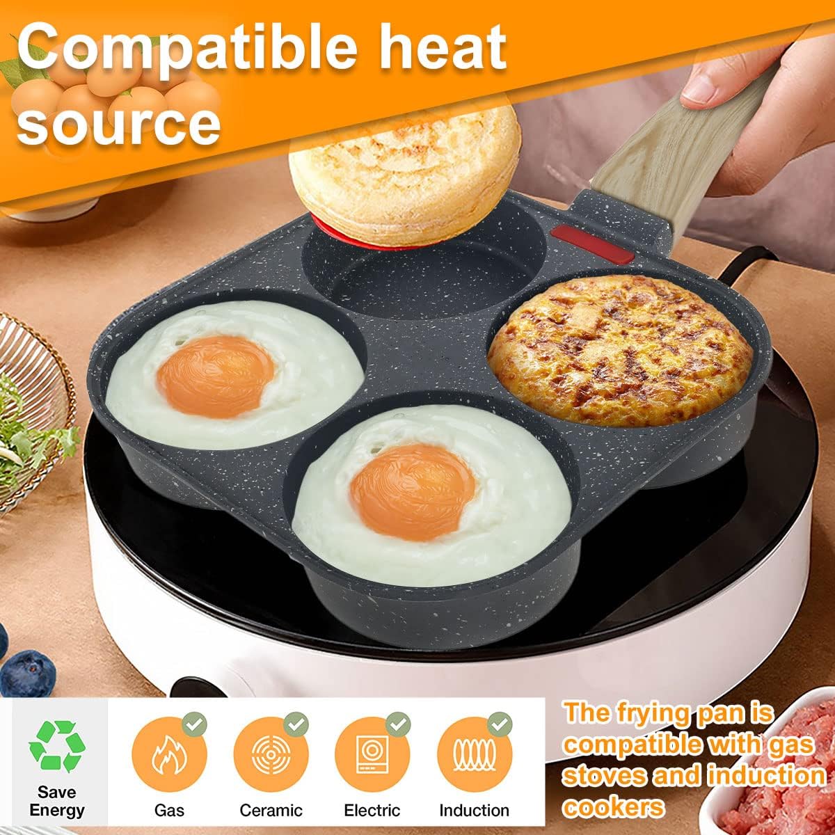 4-Hole Non-Stick Egg Frying Pan – Multi-Section Omelette & Pancake Pan with Wooden Handle | Easy-Clean Breakfast Skillet