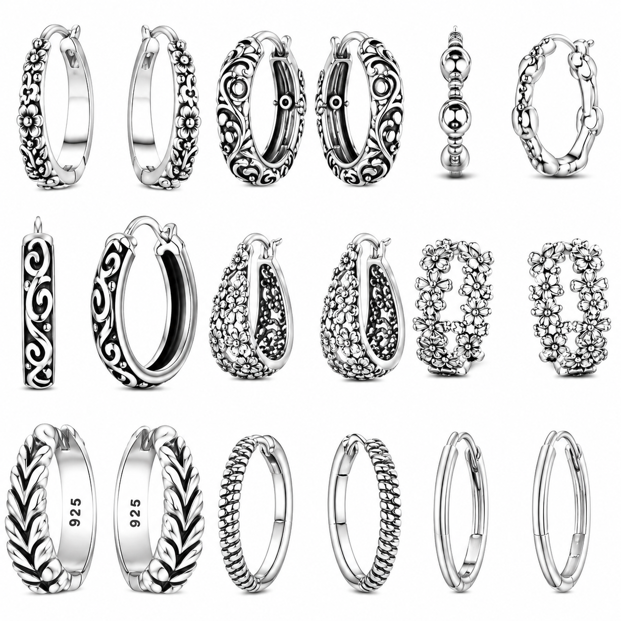 Boucles d'oreilles créoles vintage florales en argent sterling 925 pour femme