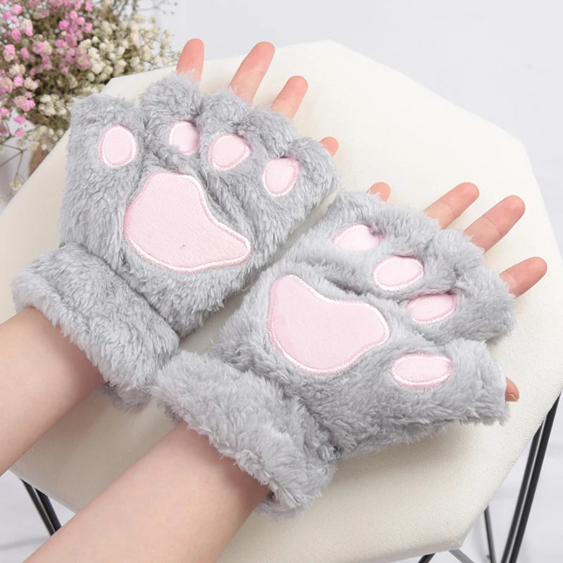 Women’s Plush Cat Paw Gloves, Warm Half-Finger Winter Mittens