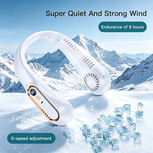 Portable Bladeless Neck Fan with Digital Display – USB Rechargeable Hands-Free Cooling Fan