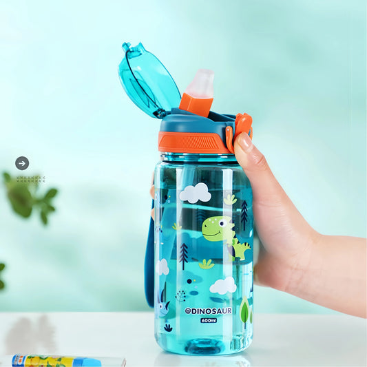 600ml Dinosaur Water Bottle for Kids with Silicone Straw – Leakproof Plastic Drinking Cup