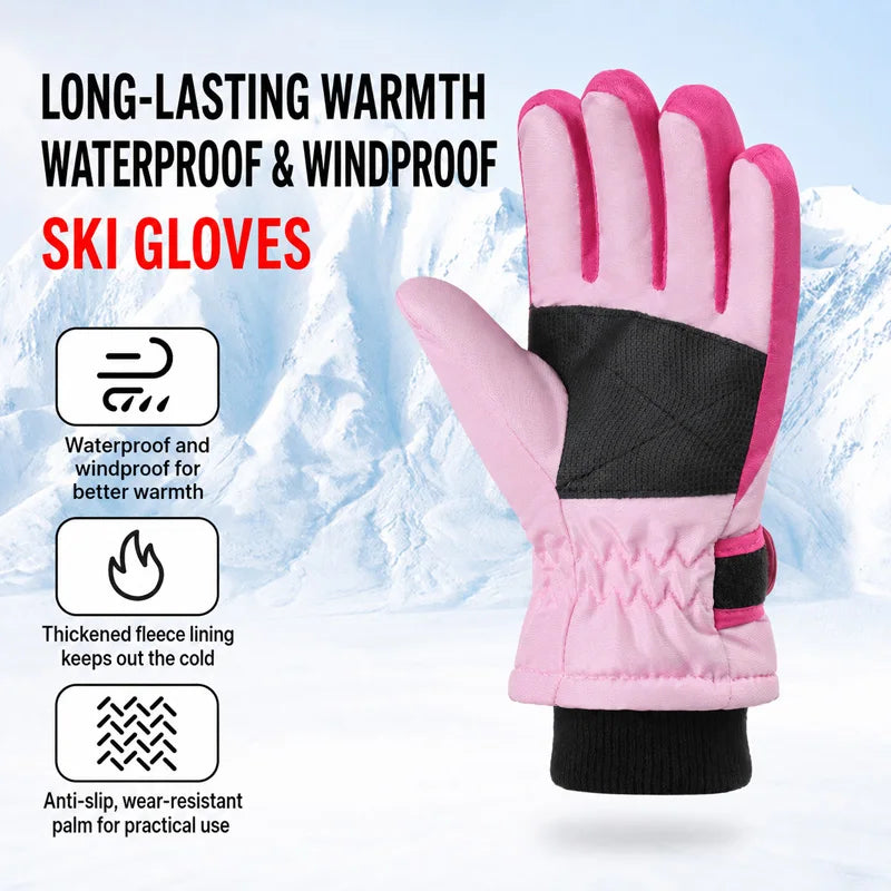 Kids Winter Ski Gloves – Waterproof Windproof Fleece-Lined Gloves for Boys and Girls