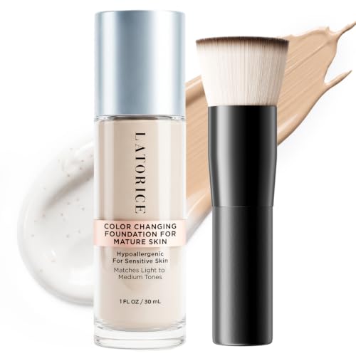 Color Changing Foundation with Professional Brush for Mature Skin: No Settling, Buildable Coverage, 12-Hour Hydration & Wear, Light to Medium Tones, Fragrance-Free - 1 FL OZ