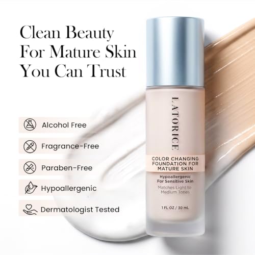 Color Changing Foundation with Professional Brush for Mature Skin: No Settling, Buildable Coverage, 12-Hour Hydration & Wear, Light to Medium Tones, Fragrance-Free - 1 FL OZ