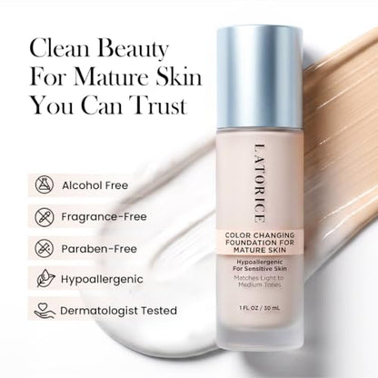 Color Changing Foundation with Professional Brush for Mature Skin: No Settling, Buildable Coverage, 12-Hour Hydration & Wear, Light to Medium Tones, Fragrance-Free - 1 FL OZ