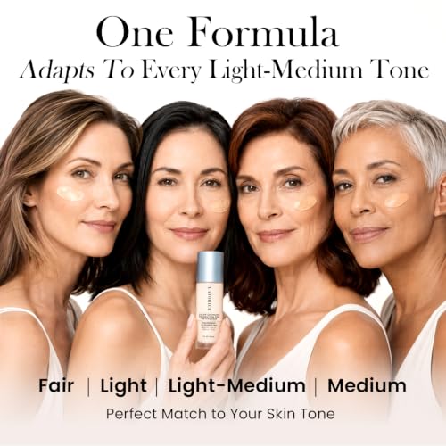 Color Changing Foundation with Professional Brush for Mature Skin: No Settling, Buildable Coverage, 12-Hour Hydration & Wear, Light to Medium Tones, Fragrance-Free - 1 FL OZ