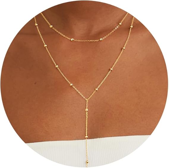 CHESKY 14K Gold Plated Lariat Y Necklace for Women – Layered Beaded CZ Pendant