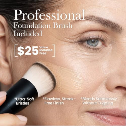 Color Changing Foundation with Professional Brush for Mature Skin: No Settling, Buildable Coverage, 12-Hour Hydration & Wear, Light to Medium Tones, Fragrance-Free - 1 FL OZ