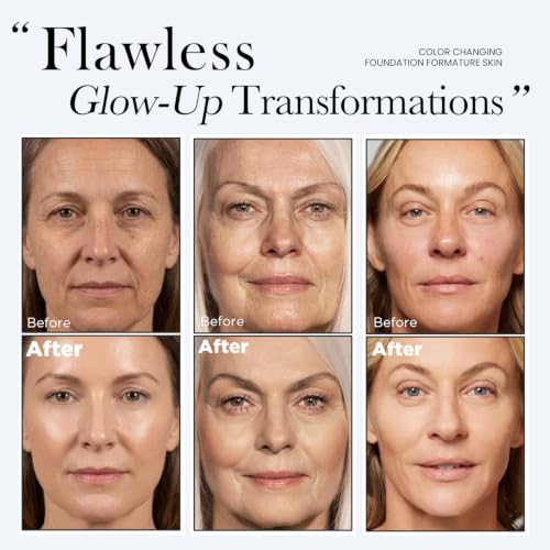 Color Changing Foundation with Professional Brush for Mature Skin: No Settling, Buildable Coverage, 12-Hour Hydration & Wear, Light to Medium Tones, Fragrance-Free - 1 FL OZ
