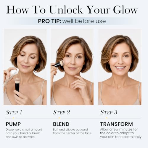 Color Changing Foundation with Professional Brush for Mature Skin: No Settling, Buildable Coverage, 12-Hour Hydration & Wear, Light to Medium Tones, Fragrance-Free - 1 FL OZ
