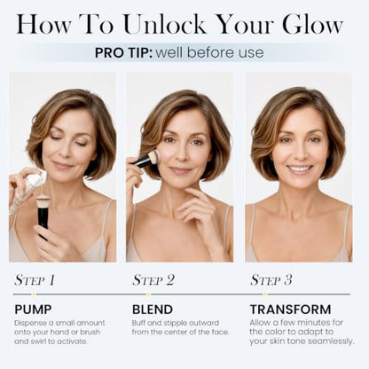 Color Changing Foundation with Professional Brush for Mature Skin: No Settling, Buildable Coverage, 12-Hour Hydration & Wear, Light to Medium Tones, Fragrance-Free - 1 FL OZ
