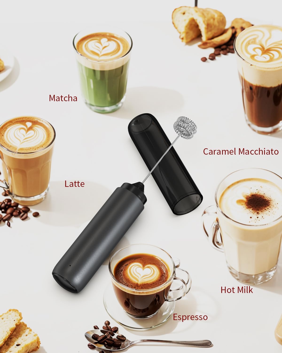 Rechargeable Electric Milk Frother Handheld – Portable Coffee Frother with Dual Spring Whisk for Latte, Cappuccino, Matcha & Hot Chocolate