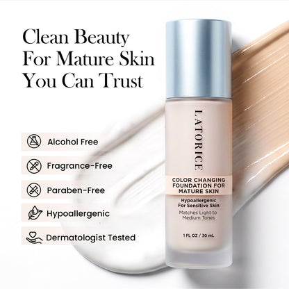 Color Changing Foundation with Professional Brush for Mature Skin: No Settling, Buildable Coverage, 12-Hour Hydration & Wear, Light to Medium Tones, Fragrance-Free - 1 FL OZ