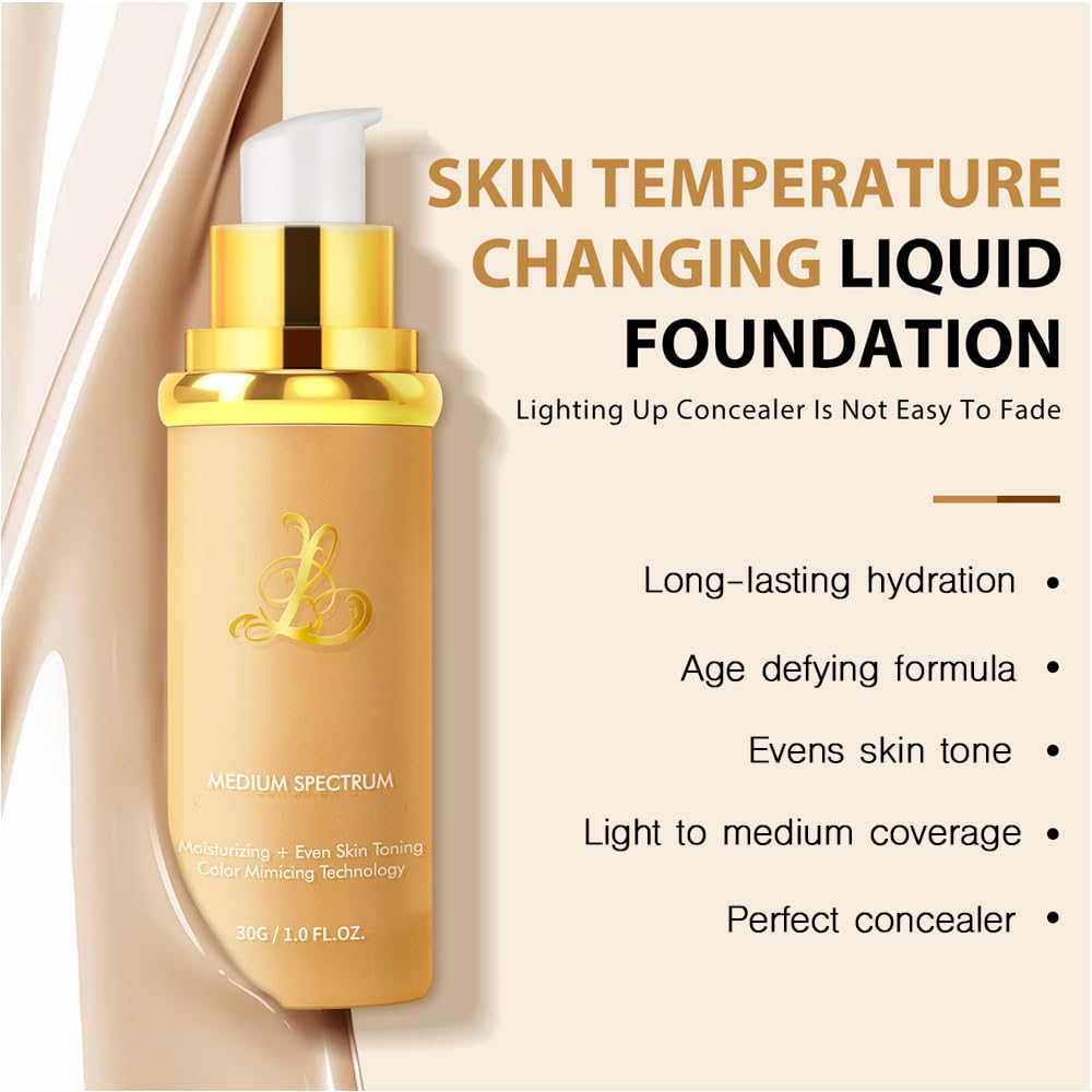 Foundation 4 in 1 - Color Changing Foundation, Medium Spectrum, Hypoallergenic Hydrating Liquid Foundation and Concealer, Long-lasting & Waterproof Natural Finish