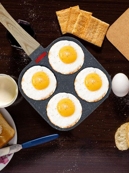 4-Hole Non-Stick Egg Frying Pan – Multi-Section Omelette & Pancake Pan with Wooden Handle | Easy-Clean Breakfast Skillet