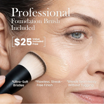 Color Changing Foundation with Professional Brush for Mature Skin: No Settling, Buildable Coverage, 12-Hour Hydration & Wear, Light to Medium Tones, Fragrance-Free - 1 FL OZ