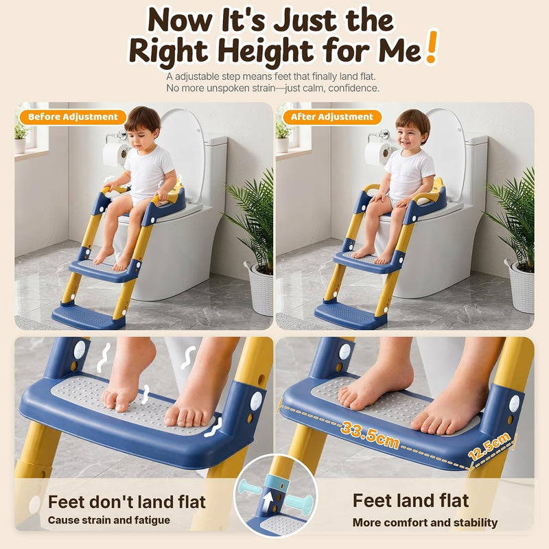 Kids Potty Training Seat with Step Stool | Adjustable Height Toilet Trainer, Comfortable Cushion, Foldable Design for Toddlers & Children