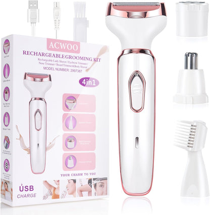 4-in-1 Electric Lady Shaver for Women – Rechargeable Wet & Dry Bikini Trimmer for Face, Legs, Underarm, Nose & Eyebrow Free shipping