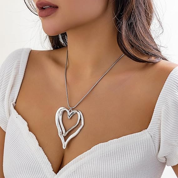 Chunky Gold Double Heart Necklace for Women – Large Heart Pendant Chain