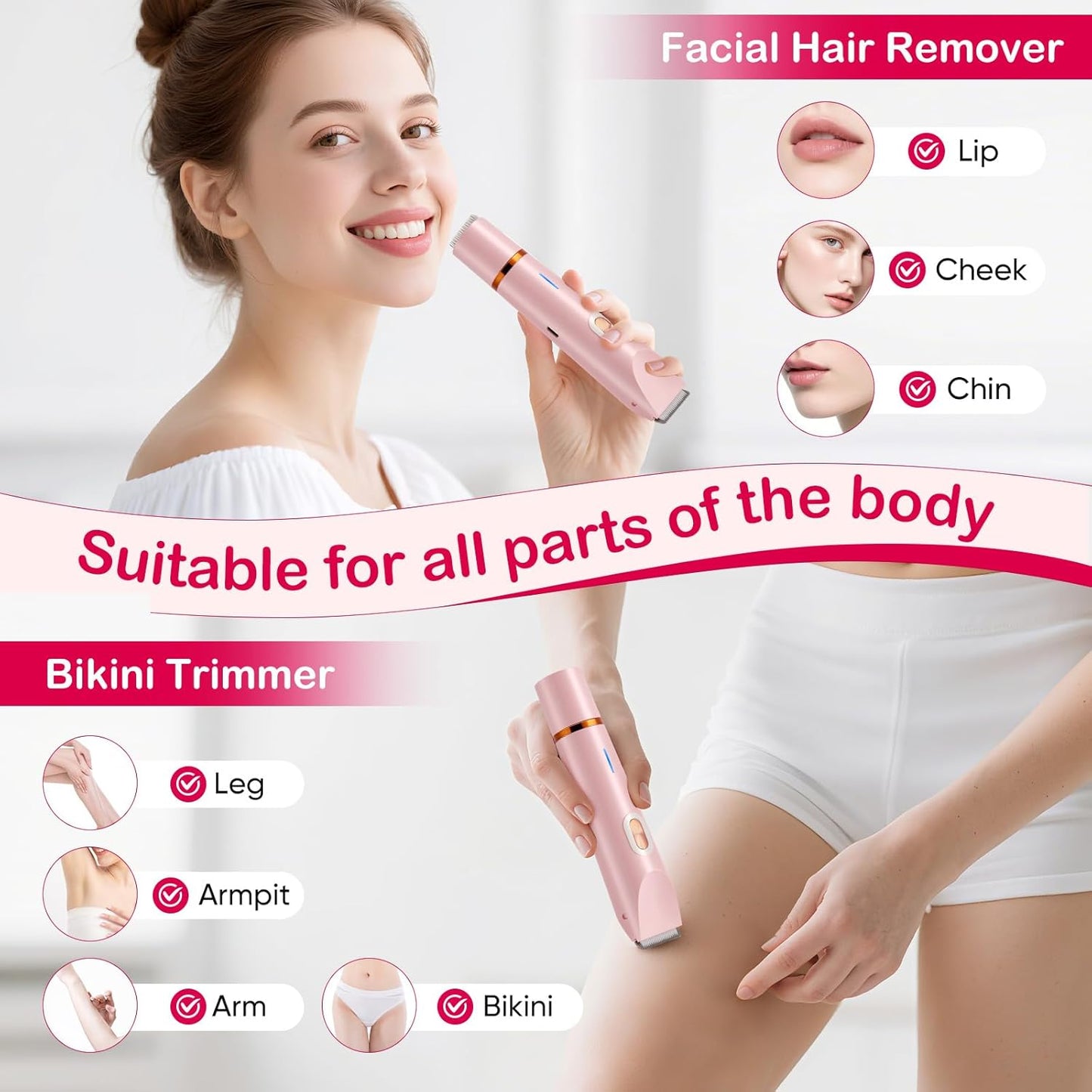 2-in-1 Electric Lady Shaver for Women – Cordless Painless Facial Hair & Bikini Trimmer Waterproof Razor for Face, Legs & Underarms Free Shipping
