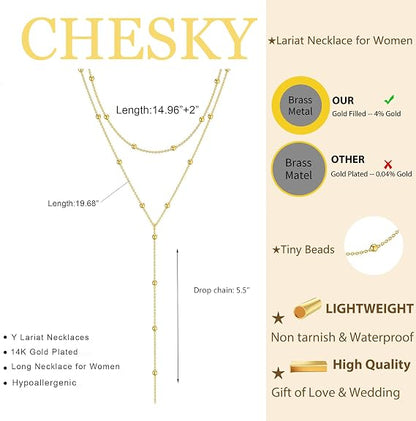 CHESKY 14K Gold Plated Lariat Y Necklace for Women – Layered Beaded CZ Pendant