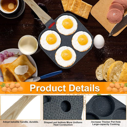 4-Hole Non-Stick Egg Frying Pan – Multi-Section Omelette & Pancake Pan with Wooden Handle | Easy-Clean Breakfast Skillet