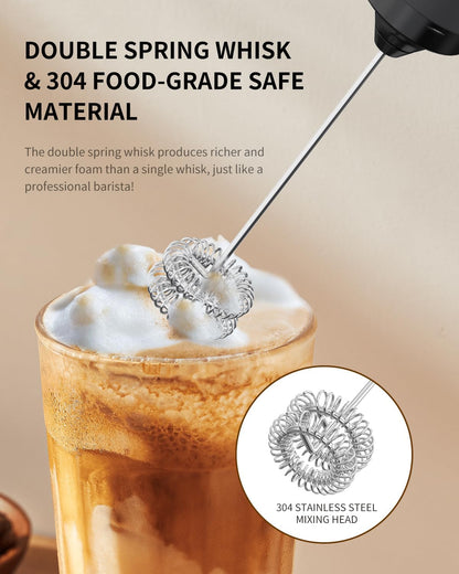 Rechargeable Electric Milk Frother Handheld – Portable Coffee Frother with Dual Spring Whisk for Latte, Cappuccino, Matcha & Hot Chocolate