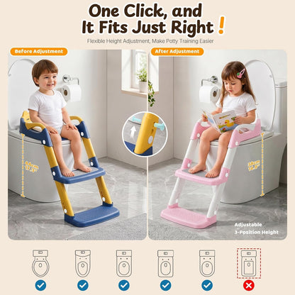 Kids Potty Training Seat with Step Stool | Adjustable Height Toilet Trainer, Comfortable Cushion, Foldable Design for Toddlers & Children