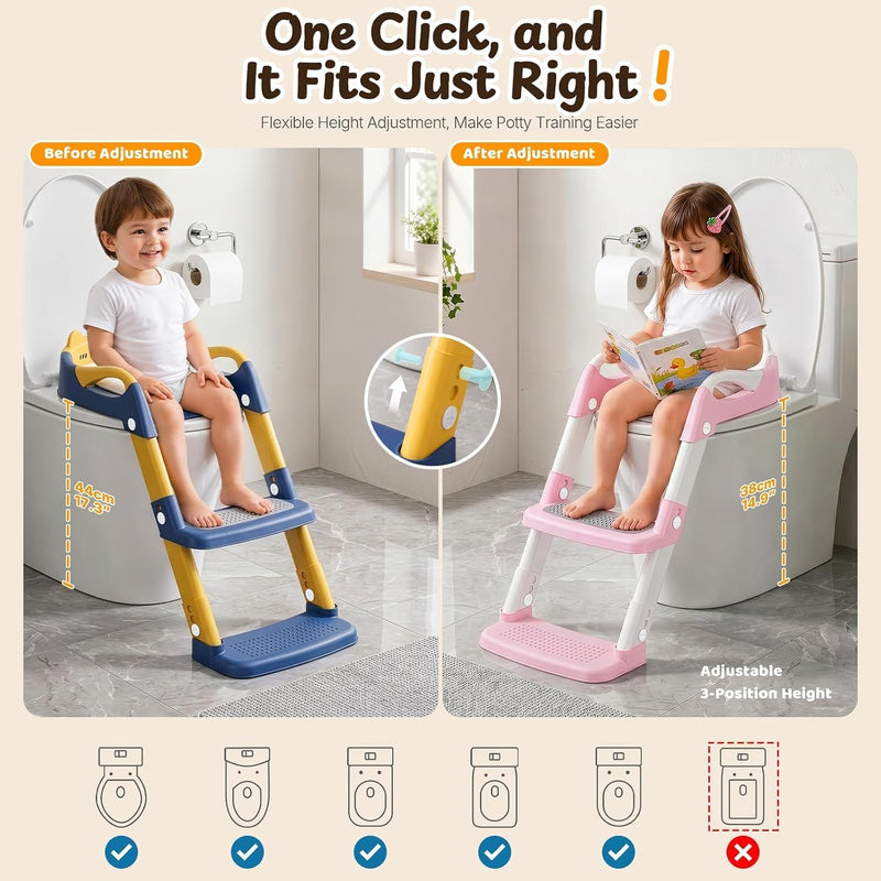 Kids Potty Training Seat with Step Stool | Adjustable Height Toilet Trainer, Comfortable Cushion, Foldable Design for Toddlers & Children