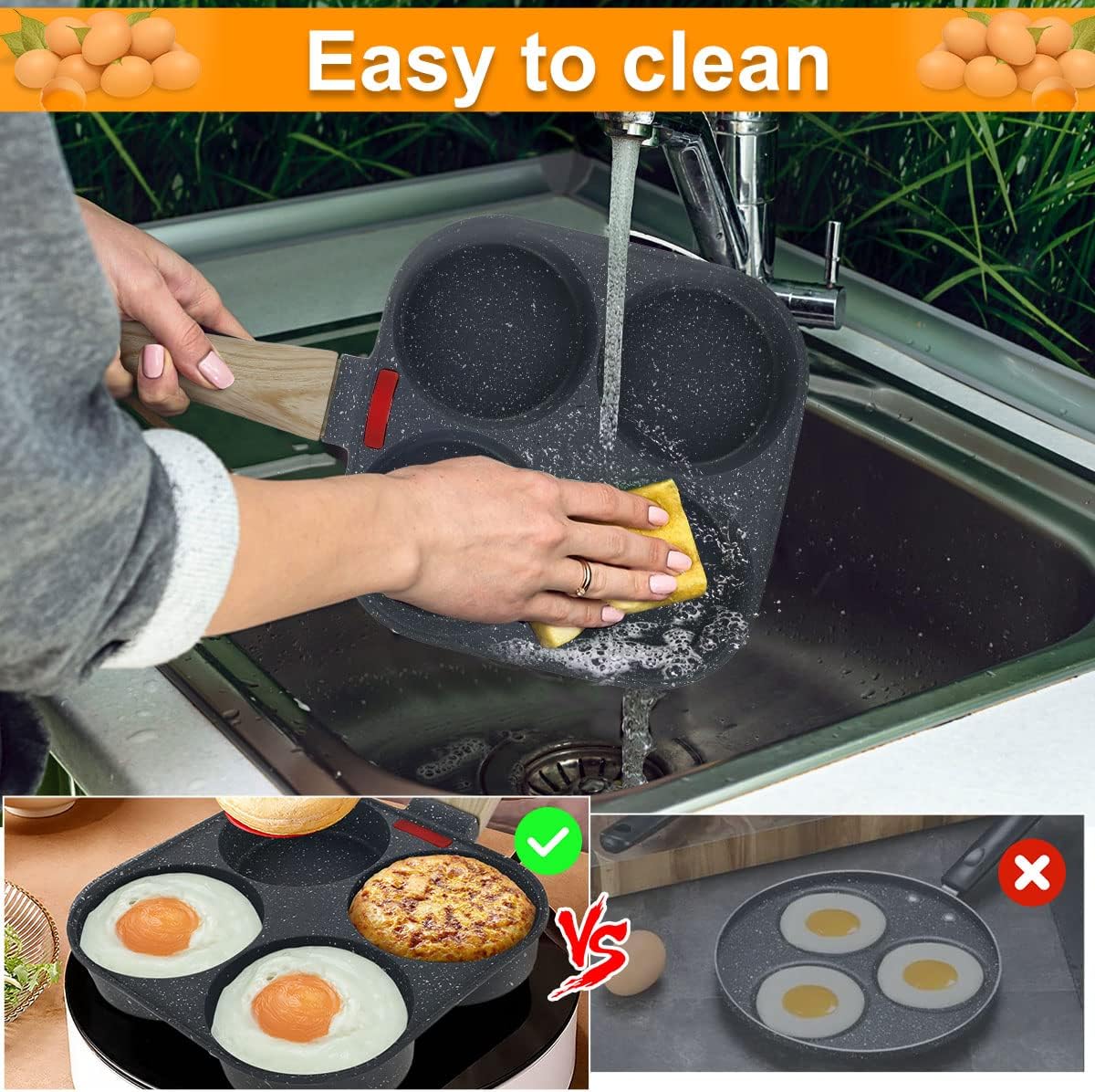 4-Hole Non-Stick Egg Frying Pan – Multi-Section Omelette & Pancake Pan with Wooden Handle | Easy-Clean Breakfast Skillet