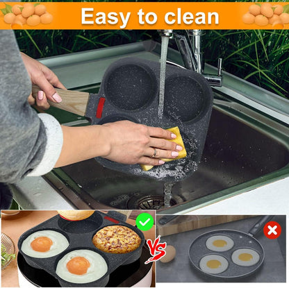 4-Hole Non-Stick Egg Frying Pan – Multi-Section Omelette & Pancake Pan with Wooden Handle | Easy-Clean Breakfast Skillet