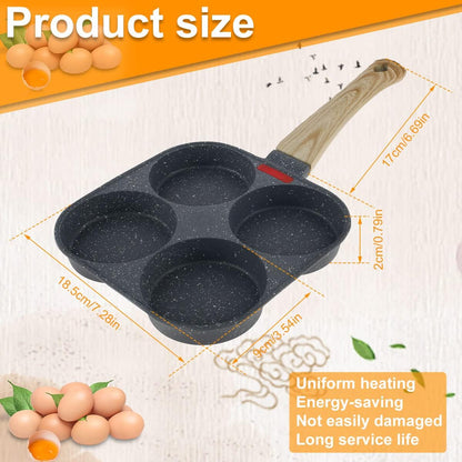 4-Hole Non-Stick Egg Frying Pan – Multi-Section Omelette & Pancake Pan with Wooden Handle | Easy-Clean Breakfast Skillet