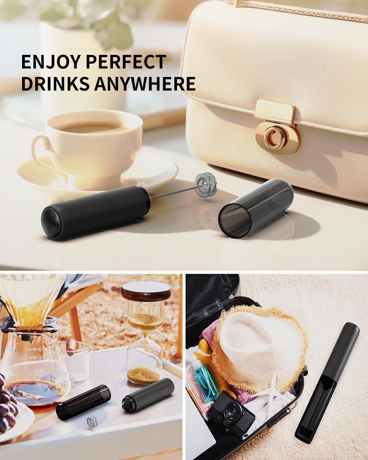 Rechargeable Electric Milk Frother Handheld – Portable Coffee Frother with Dual Spring Whisk for Latte, Cappuccino, Matcha & Hot Chocolate