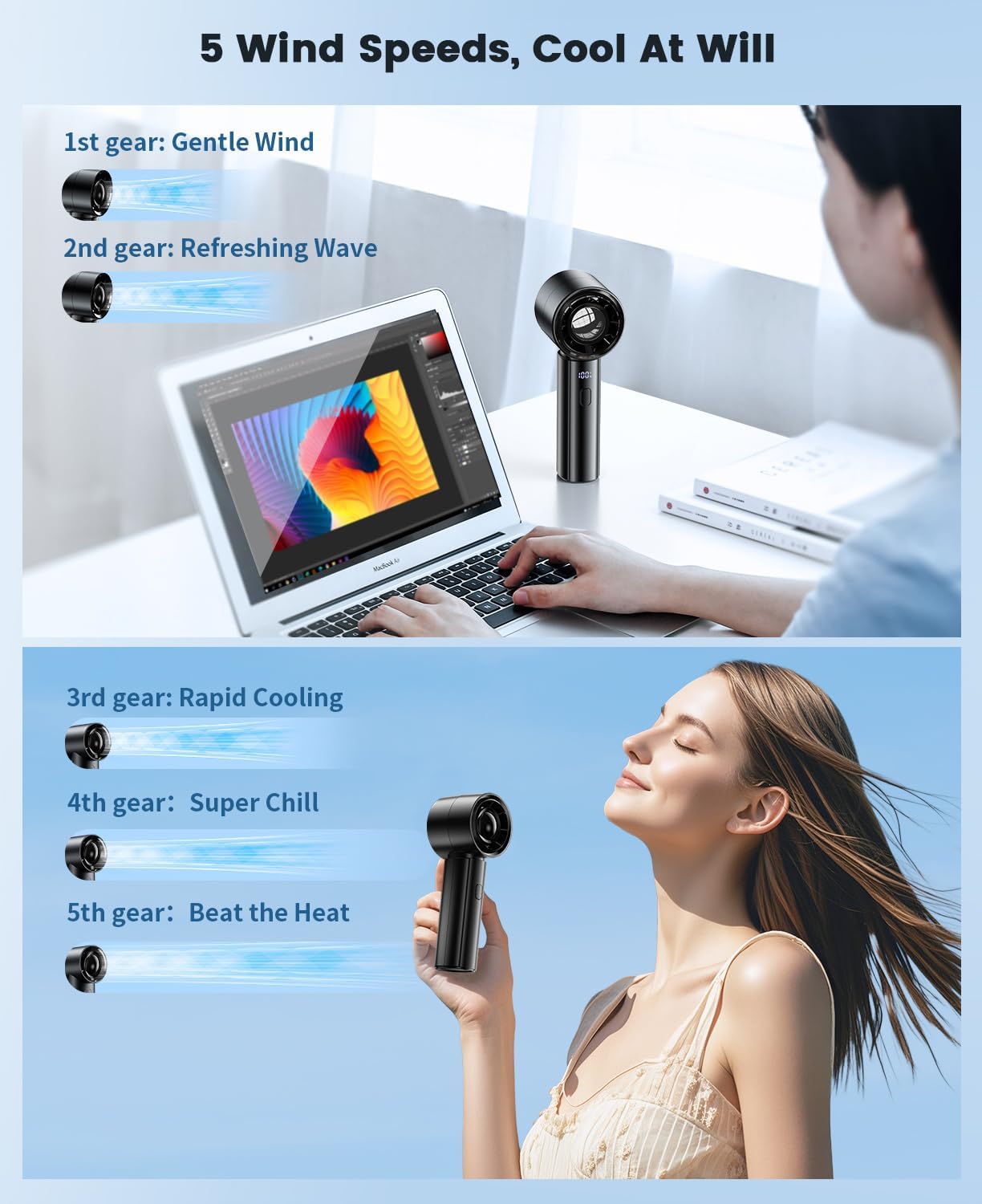 ColdSky Handheld Mini Fan – Portable Rechargeable Fan with 4000mAh Battery and Digital Display