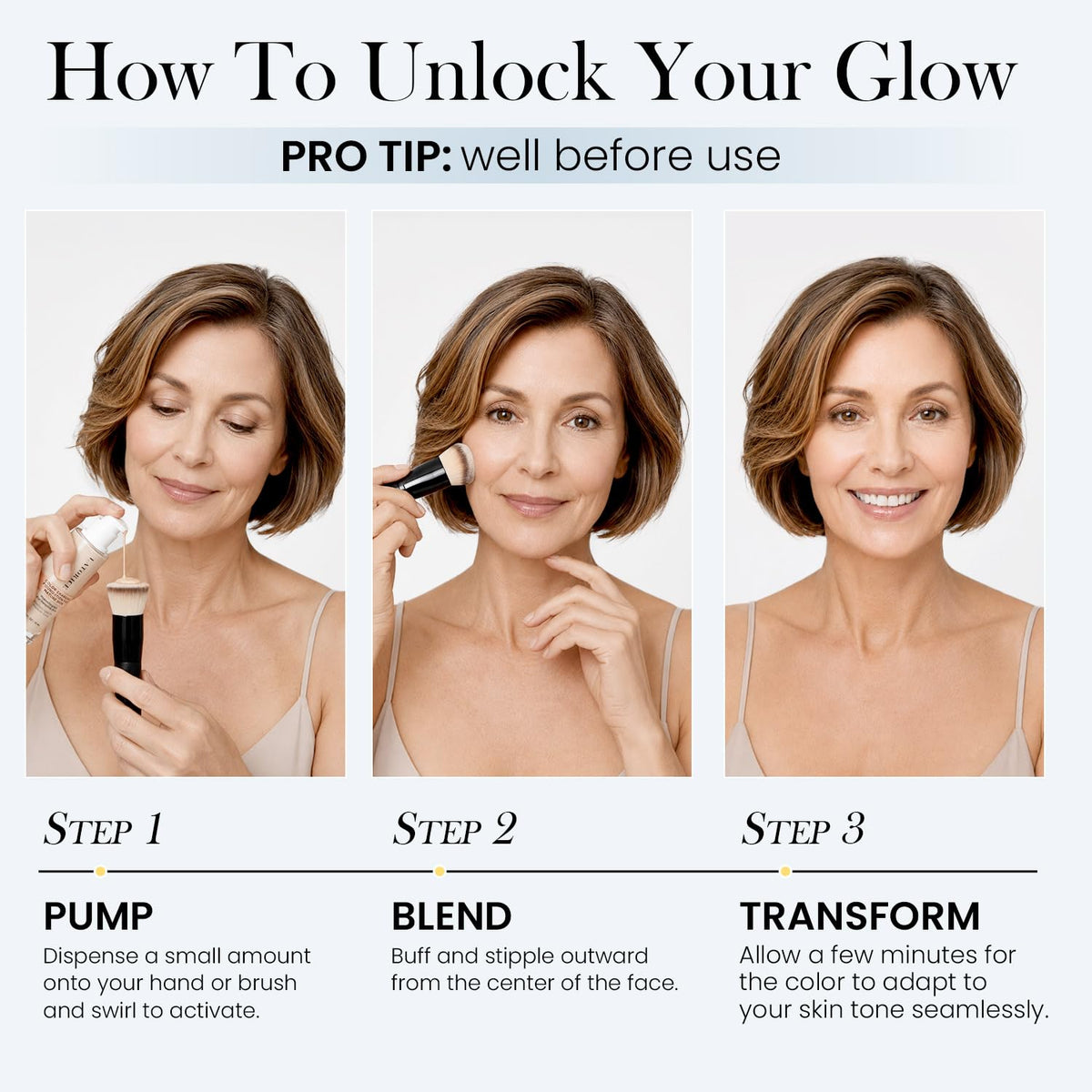 Color Changing Foundation with Professional Brush for Mature Skin: No Settling, Buildable Coverage, 12-Hour Hydration & Wear, Light to Medium Tones, Fragrance-Free - 1 FL OZ