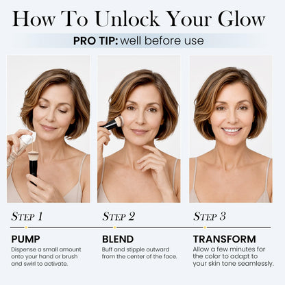 Color Changing Foundation with Professional Brush for Mature Skin: No Settling, Buildable Coverage, 12-Hour Hydration & Wear, Light to Medium Tones, Fragrance-Free - 1 FL OZ