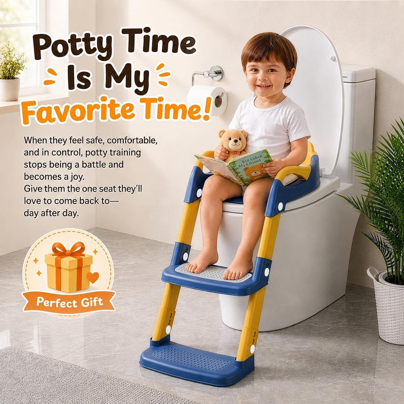 Kids Potty Training Seat with Step Stool | Adjustable Height Toilet Trainer, Comfortable Cushion, Foldable Design for Toddlers & Children
