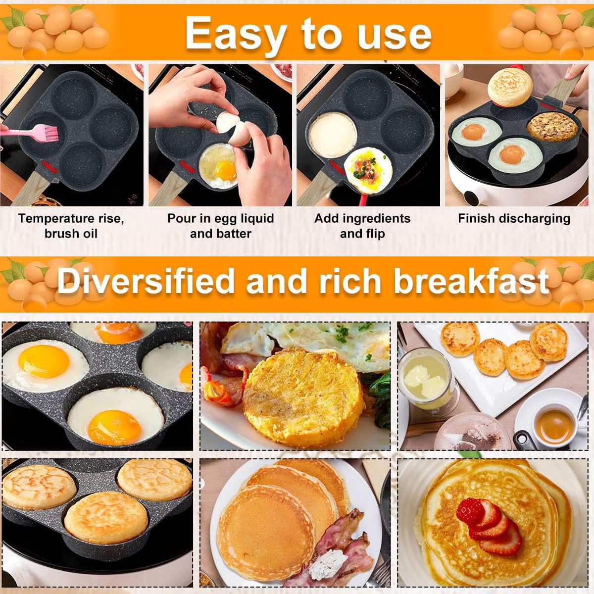 4-Hole Non-Stick Egg Frying Pan – Multi-Section Omelette & Pancake Pan with Wooden Handle | Easy-Clean Breakfast Skillet