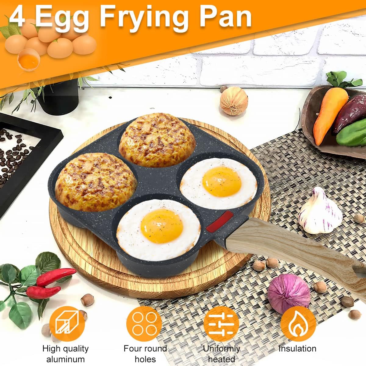 4-Hole Non-Stick Egg Frying Pan – Multi-Section Omelette & Pancake Pan with Wooden Handle | Easy-Clean Breakfast Skillet