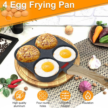4-Hole Non-Stick Egg Frying Pan – Multi-Section Omelette & Pancake Pan with Wooden Handle | Easy-Clean Breakfast Skillet
