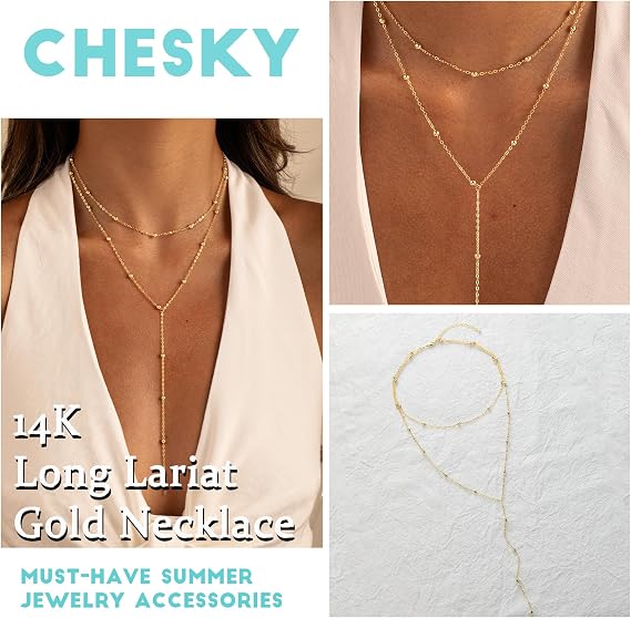 CHESKY 14K Gold Plated Lariat Y Necklace for Women – Layered Beaded CZ Pendant