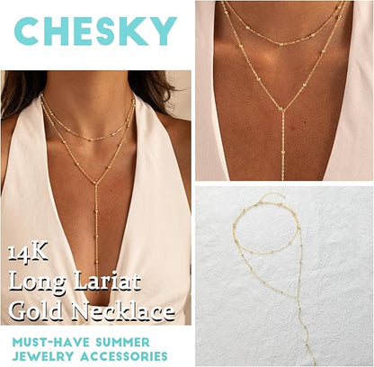 CHESKY 14K Gold Plated Lariat Y Necklace for Women – Layered Beaded CZ Pendant