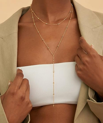 CHESKY 14K Gold Plated Lariat Y Necklace for Women – Layered Beaded CZ Pendant