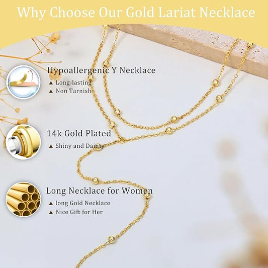 CHESKY 14K Gold Plated Lariat Y Necklace for Women – Layered Beaded CZ Pendant