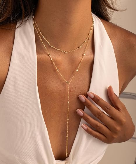 CHESKY 14K Gold Plated Lariat Y Necklace for Women – Layered Beaded CZ Pendant