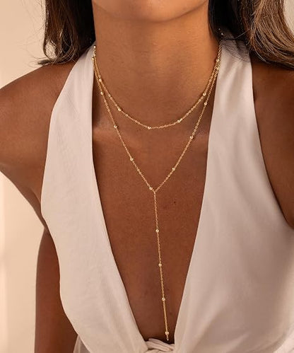 CHESKY 14K Gold Plated Lariat Y Necklace for Women – Layered Beaded CZ Pendant