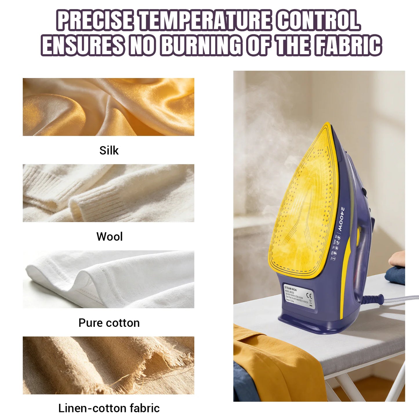 Steam Iron with Vertical Steam Function – Non-Stick Stainless Steel Soleplate, 350ml Water Tank, 2400W