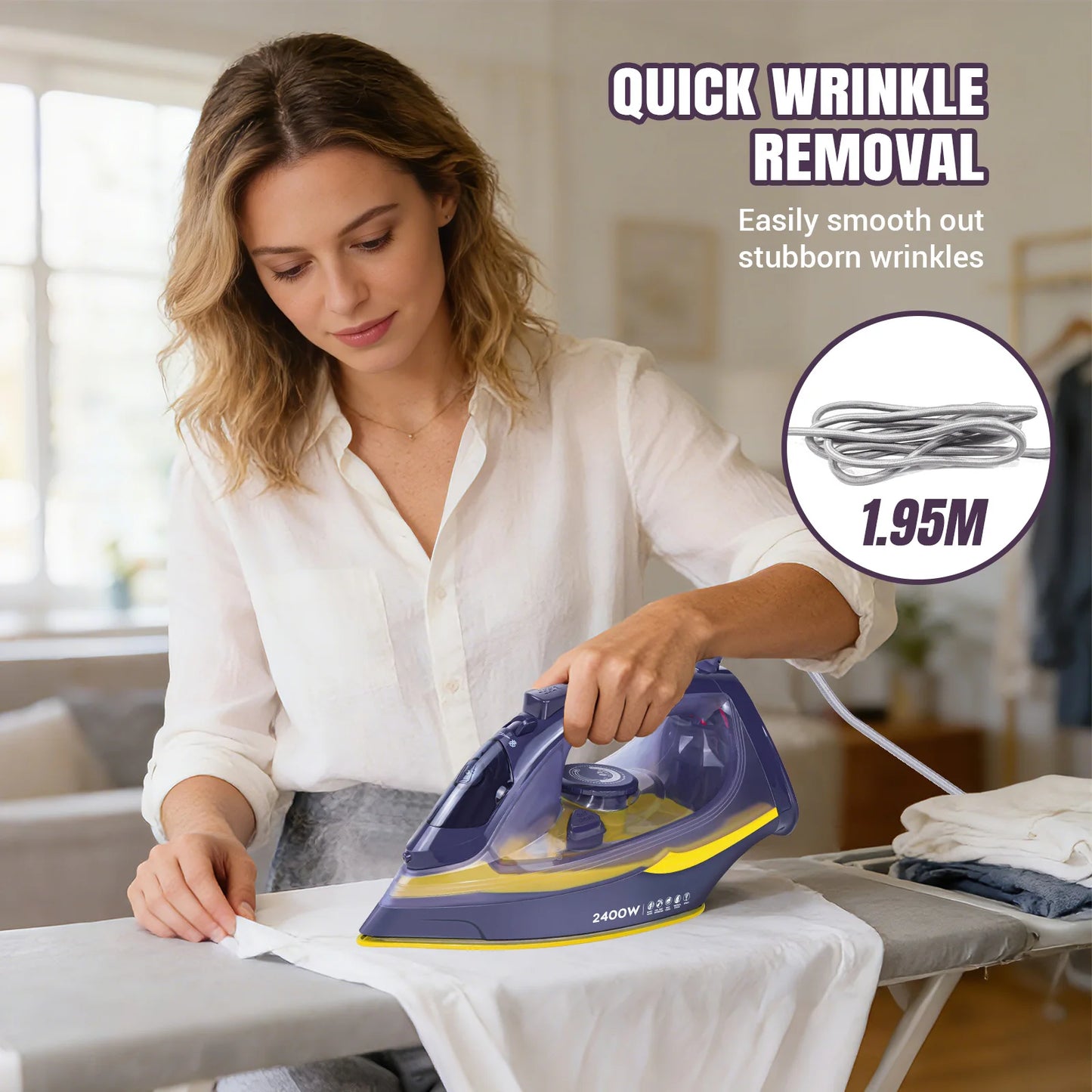 Steam Iron with Vertical Steam Function – Non-Stick Stainless Steel Soleplate, 350ml Water Tank, 2400W