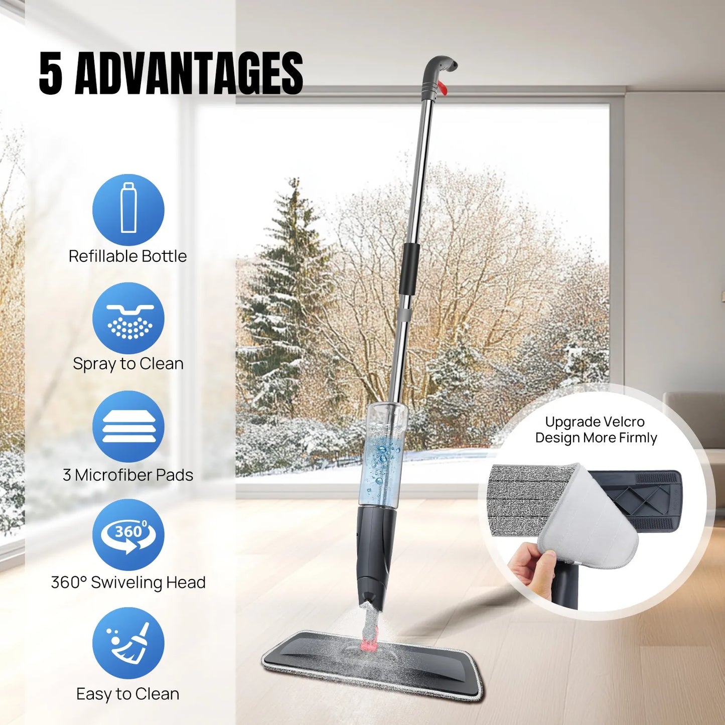 Household Spray Mop with Replaceable Microfiber Pad – 360° Rotating Flat Floor Mop for Wet & Dry Cleaning